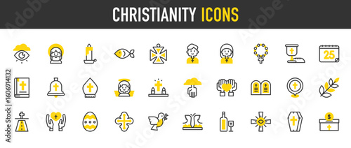 Christianity vector icons. Easter Egg, Olive, Pope, Hands, Cross, Waves, Calendar, Cloud, Bell, Cross, Wine, Angel, Donation, Dove, Fish, Jesus, Location Pin, Nun illustration.	