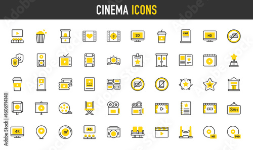 Cinema vector icons. Vip, Advertising, Popcorn, Director Chair, Age Limit, Vip Room, Cinema Screen, No Phone, Walk Of Fame, 3d Movie, Script, No Smoking, Award illustration.	

