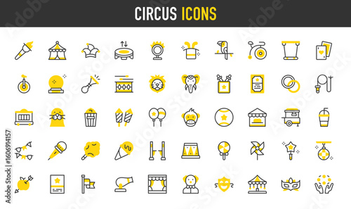 Circus vector icons. Joker Hat, Juggling, Horn, Theater Masks, Monkey, Trampoline, Ice Cream Cone, Carousel, Stage, Lion, Stilts, Seal, Parrot, Pinwheel, Flag illustration.	
