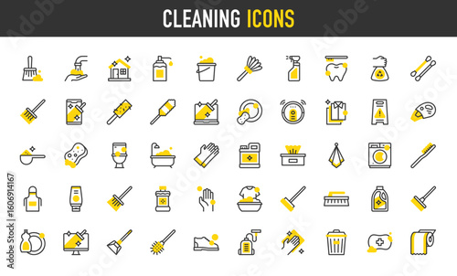 Cleaning vector icons. Laundry, House Cleaning, Spray, Detergent, Sponge, Cotton Buds, Feather, Monitor, Brush, Napkin, Wiper, Robot Vacuum, Laptop, Laundry, Soap illustration.	
