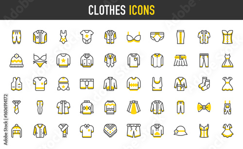 Clothes vector icons. Blouse, Jogger Pants, Bodysuit, Polo Shirt, Top, Long Sleeve, Underwear, Hoodie, Sweater, Dress, Pamela Hat, Coat, Bra, Scarf, Poncho, Shorts illustration.	
