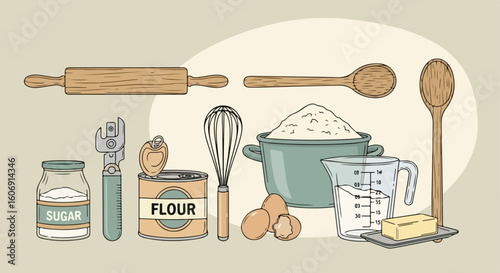 Retro Style Vintage Kitchen Tools Line Art Vector