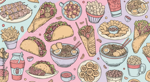 Hand Drawn International Street Food Line Art Vector Set