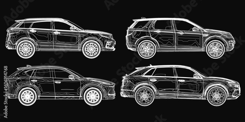 Four car blueprints displayed on a black background, featuring detailed contours of sedan, SUV, coupe, and hatchback designs. The minimalist layout highlights clean lines and precise engineering.