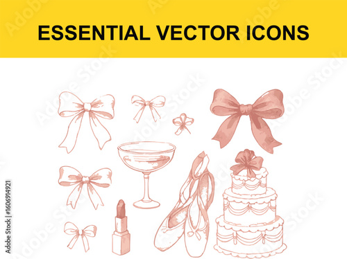 Rose gold watercolor icons of bows ballet shoes cake and lipstick