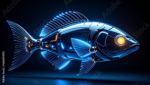 Futuristic Robotic Fish with Glowing Components and Abstract Features, Generative with AI.