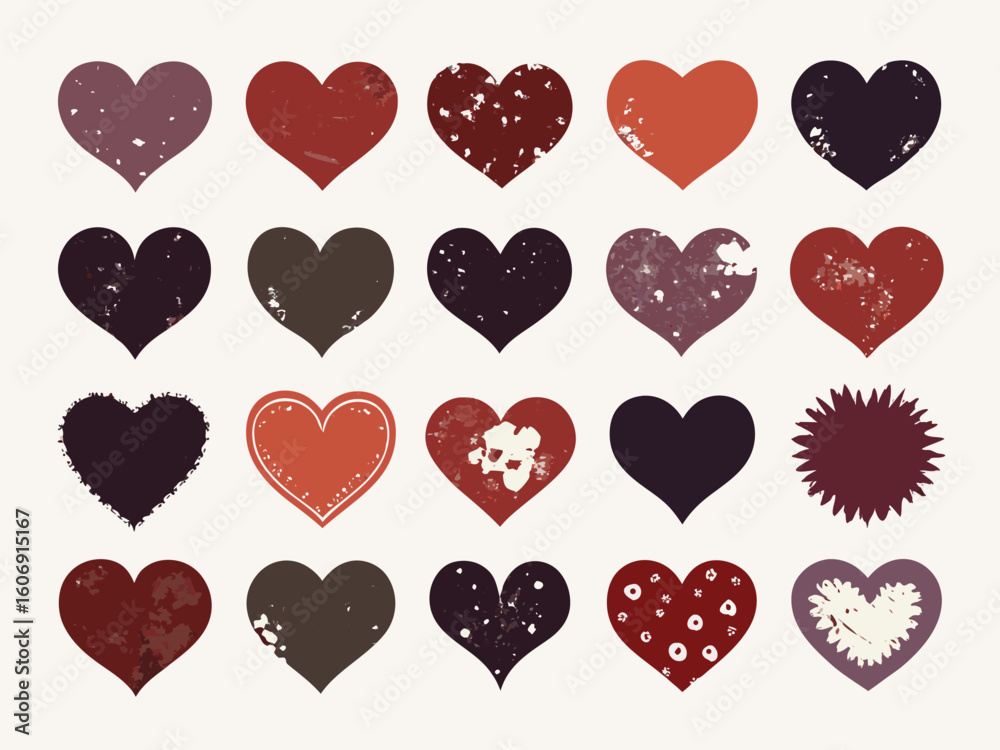 A collection of diverse textured hearts in various shades of red and purple A collection of diverse textured hearts in various shades of red and purple