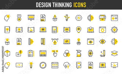 Design thinking vector icons. Gallery, Pen Tool, Idea, Clipboard, RGB, Web Design, Cube, Chat, Eye, Settings, Brain, Wireframe, Pencil, Coffee Cup, Sketchbook, Idea illustration.	
