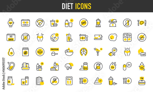 Diet vector icons. Probiotics, Sodium, Weight Loss, Calories, Digestion, Zinc, No Sugar, Fast Food, Meal, Pyramid, No Gmo, Burning, Nutrients, Bread, Salad, Low Fat illustration.	
