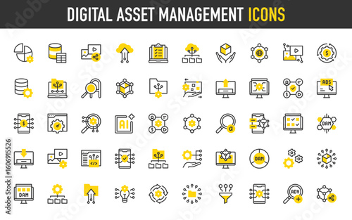 Digital asset management vector icons. Digital Asset, Database Table, Procession, Advance Search, Workflow, Acceleration, Distribute, Cube, Digital Asset, Idea illustration.	
