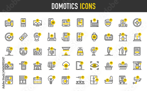 Domotics vector icons. Inverter, Smoke Detector, Humidifier, Irrigation, Mobile, Bath Tub, Fridge, Bulb, Bell, Electric Kettle, Temperature, Configuration, Water illustration.	

