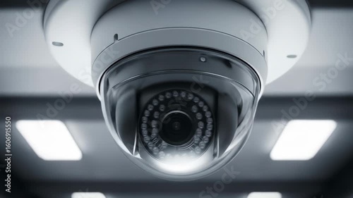 A modern dome security camera mounted on a ceiling, viewed from a low angle with dramatic, cool-toned lighting.