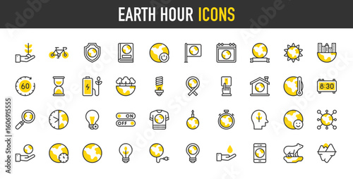 Earth hour vector icons. Global Warming, On Off, No Light, Clock, Happy, Polar Bear, Save The Planet, Switch Off, Chronometer, Think Green, Connection, Take Care illustration.	
