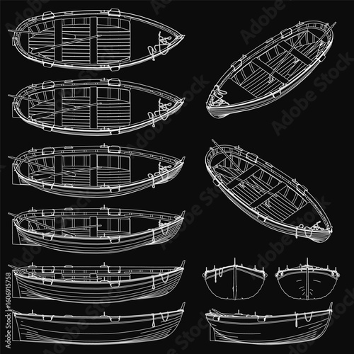Detailed blueprint of a rowboat with intricate contours, featuring the hull, sails, and cabin. The white design contrasts sharply against the black background, emphasizing precision.