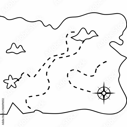 Black and white simple illustration of a treasure map with a compass and dotted line path nautical navigation