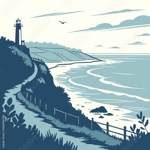 Coastal cliff path leading to a lighthouse overlooking the sea with stylized clouds and waves ocean