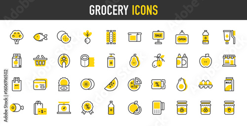 Grocery vector icons. Olives, Eggs, Shop, Pos, Jam, Discount, Milk, Avocado, Orange, Credit Card, Ketchup, Can, Honey, Bottle Of Water, Radish, Money, Scale, Badge illustration.	

