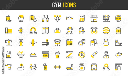 Gym vector icons. Protein Shake, Sneakers, Calendar, Whistle, Jump Rope, Boxing Gloves, Slim, Chest Expander, Leg Press, Muscle, Stationary Bike, Water Bottle illustration.	
