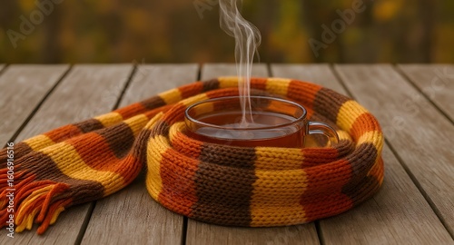 Cozy Autumn Moment Warm Drink Wrapped in a Colorful Scarf Outdoors