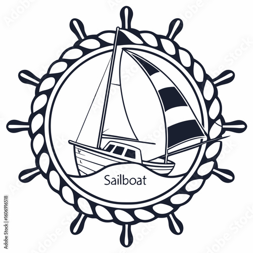 Dark blue sailboat graphic inside a nautical rope steering wheel emblem on a white background ship wheel