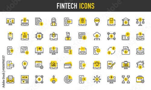 Fintech vector icons. Register, Api, Digital Signature, Documentation, Bank, Mining, Saas, Crowdfunding, Big Data, Idea, Exchange, Balance, Password, Startup illustration.	
