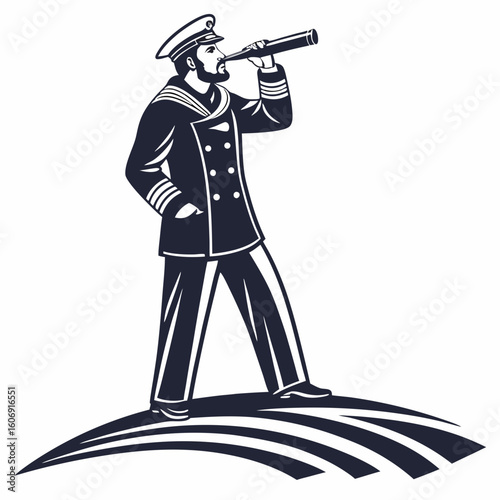 Dark blue ship captain with beard looking through spyglass on white background with abstract waves nautical