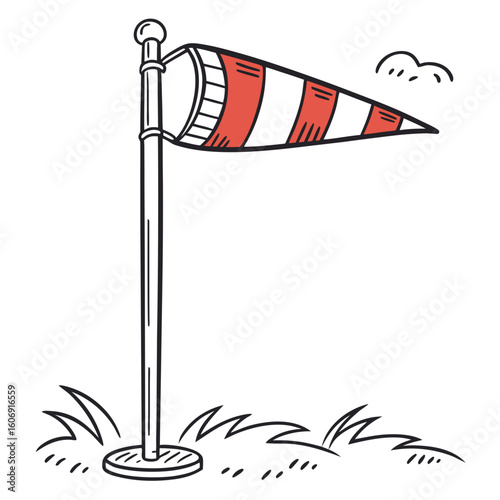 Hand drawn illustration of a windsock with red and white stripes on a pole in grass with abstract wind lines