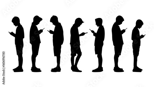 Silhouettes of young teenage boys, friends using mobile phones instead of talking to each other, concept of social media addiction, brain rot. excessive consumption of low-quality bad online content.