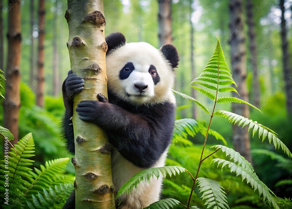 Fototapeta premium A cute panda bear is hugging a tree in the forest