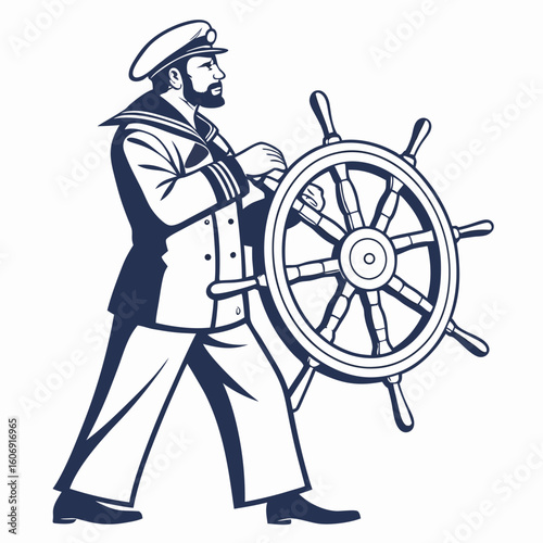 Navy blue sailor in uniform holding a ship's wheel on a white background captain helm
