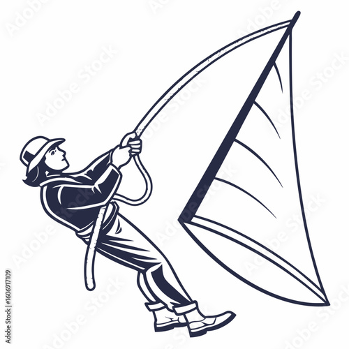 Sailor pulling rope to hoist sail on white background hoisting boat