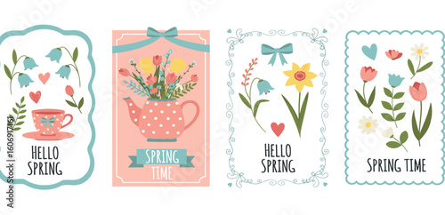 Vintage spring set of cute cards or posters in coquette style. Hand drawn whimsical frames with bows and ribbons.
