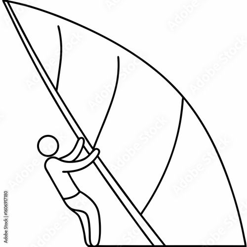 Simple line art of a person hoisting a sail on a white background windsurfing sport