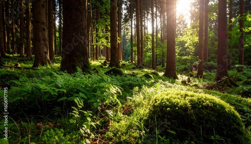 Sunlight streams through a dense forest floor