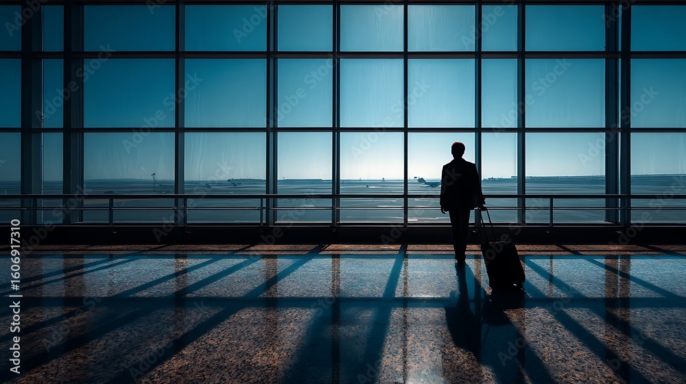 Fototapeta premium Traveler with luggage walks in airport terminal, looks at airplanes. Solitude, travel concept. Web, editorial, design.
