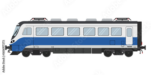Modern passenger train coach vector illustration in side view representing railway transport public transit travel commuting or high speed locomotive service
