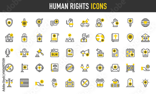 Human rights vector icons. Support, Auction, Family, Law Book, Education, Solidarity, Women Rights, Vote, Unity, Morality, Charity, Manifesto, Jail, Rejection illustration.	
