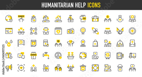 Humanitarian help vector icons. Community, Hygiene Products, Helping Hand, Homeless, Earthquake, Hands, Placeholder, Poster, Gift, Letter, Food, Medal, Badge illustration.	
