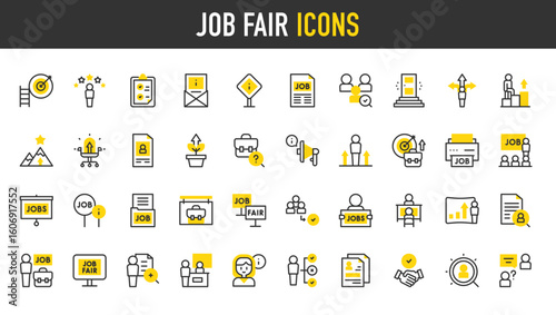 Job fair vector icons. Candidate, Aspirations, Hired, Skills, Job, Growth, Megaphone, Advice, Recruitment, Career, Skills, Clipboard, Job Fair, Stand, Applicant illustration.	
