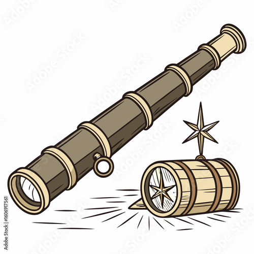 Vintage telescope and compass rose on a wooden barrel illustration spyglass nautical