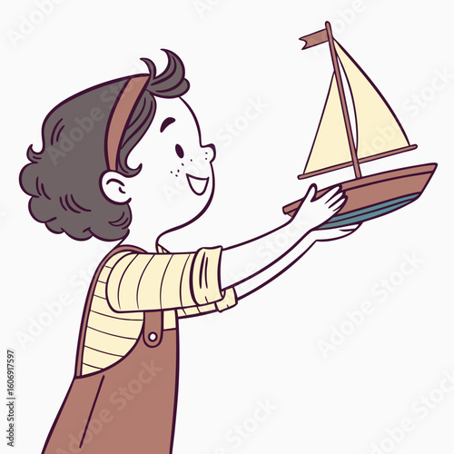 A smiling child with curly brown hair holds a toy sailboat with a yellow sail and brown hull holding