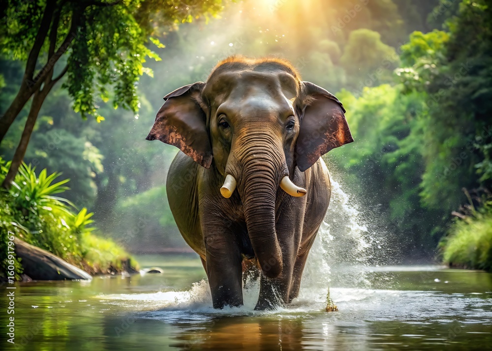 Fototapeta premium An elephant walks through a river in a lush jungle environment