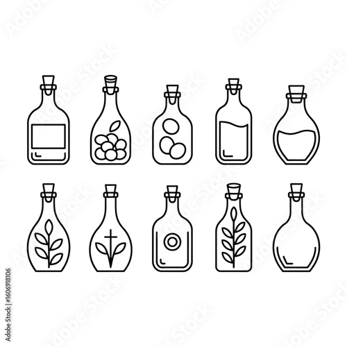 Ten glass bottles with cork stoppers containing various items