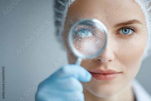 A female dermatologist examining a patient's skin using a magnifying glass