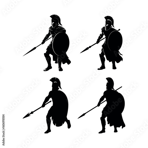 Black silhouette of ancient Greek hoplite warriors with spears and shields