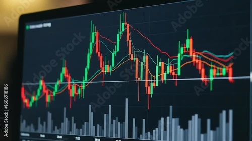 Close-up View of Financial Stock Market Candlestick Chart on Laptop Screen