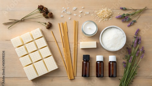 Overhead shot of candle making supplies including wax, oils, and dried flowers on a wooden surface