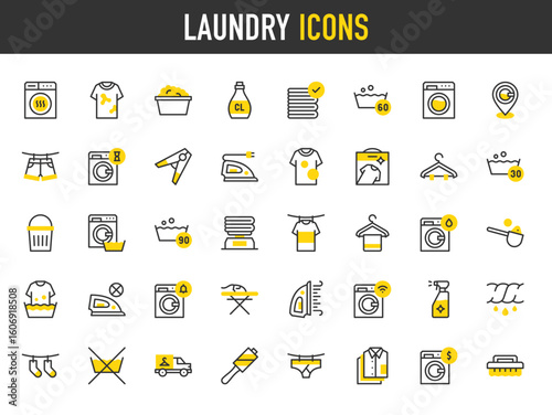 Laundry vector icons. Dryer, Wring, Detergent, Steam, Temperature, Clean Clothes, Shirts, Washing Machine, Do Not Iron, Sprayer, Lint Roller, Dirty Clothes, Brush illustration.	
