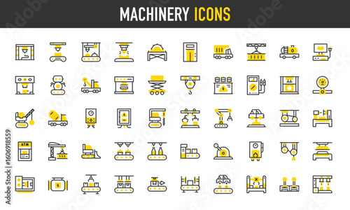 Machinery vector icons. Molding Machine, Furnace, Press, Grinding, Control Lever, Cupcakes, Atm Machine, Battery, Car Engine, Press, Gauge, Picker, Laser illustration.	
