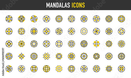 Set of Mandalas vector stroke icons. such as Mandala, pattern, design, art illustration.	
